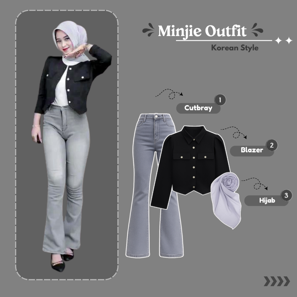 One Set Minjie Outfit ( Blazer + Cutbray + Hijab ) Ootd Korean Style