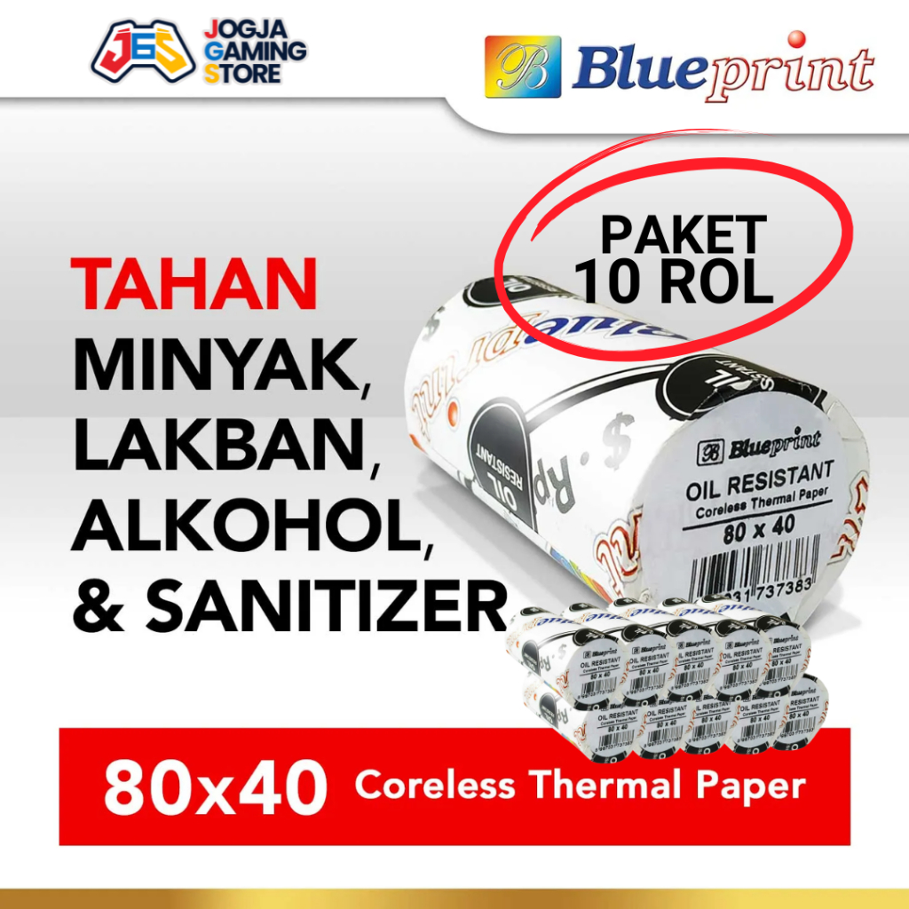 

Kertas Struk Kasir TAHAN MINYAK LAKBAN uk 80 x 40 BLUEPRINT Thermal Oil Resistent 80x40 mm - 10 Roll