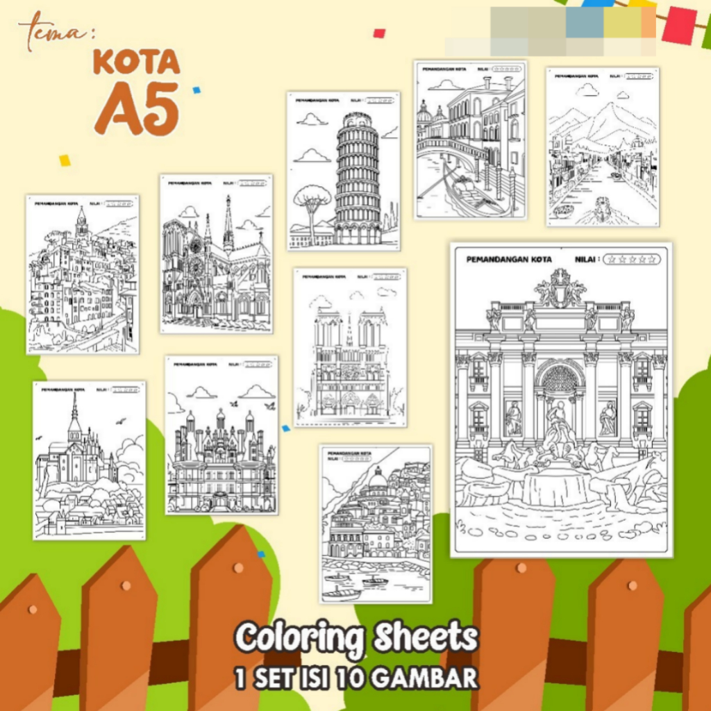 

KERTAS GAMBAR MEWARNAI TEMA [KOTA] A5 ISI 10 LEMBAR - COLORING SHEET FOR KIDS READY STOCK
