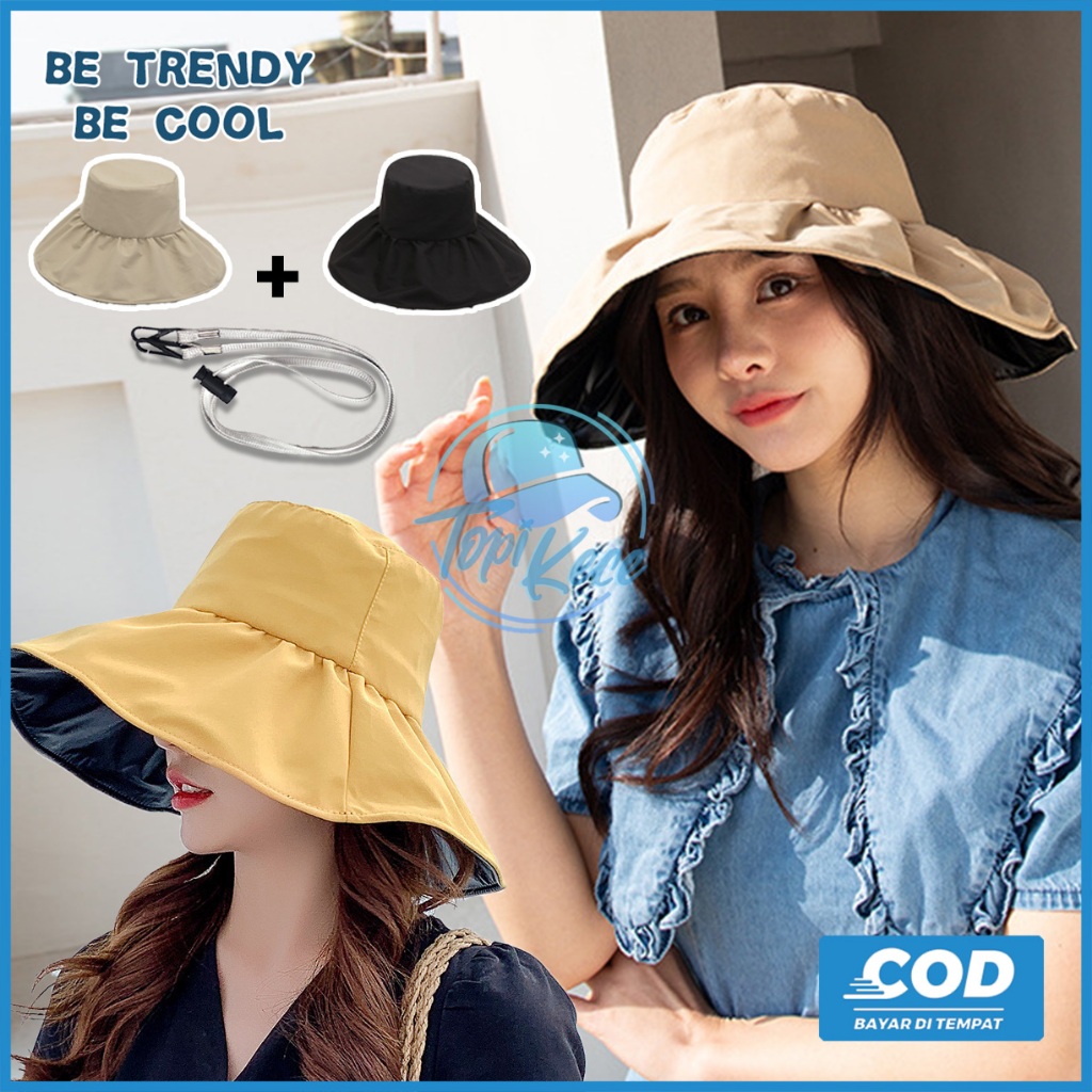 Topi Pantai Wanita Anti Panas Matahari Visor Lebar Bucket Warna Lucu Fashion Korea Kekinian