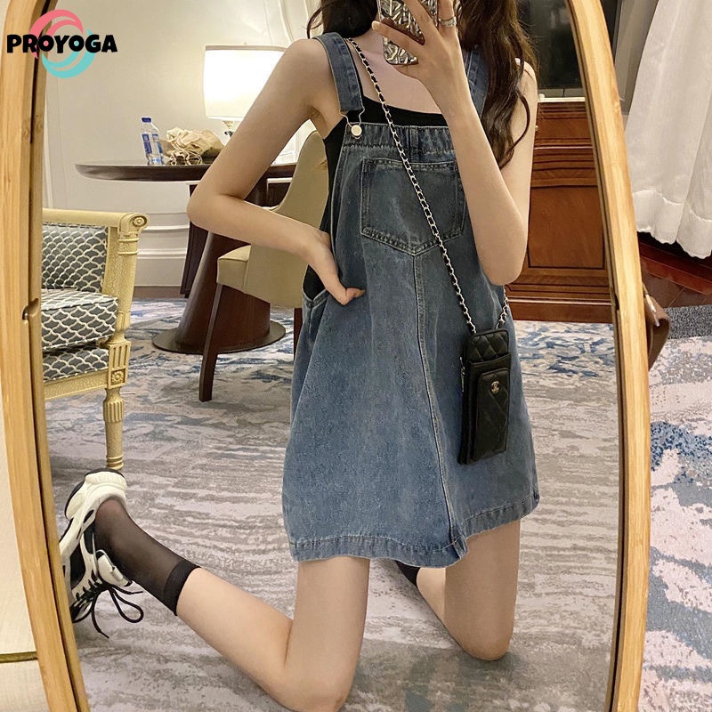 PROYOGA Rok Suspender Denim Wanita – Model Jumpsuit Pendek Gaya Korea, Longgar & Ramping untuk Musim