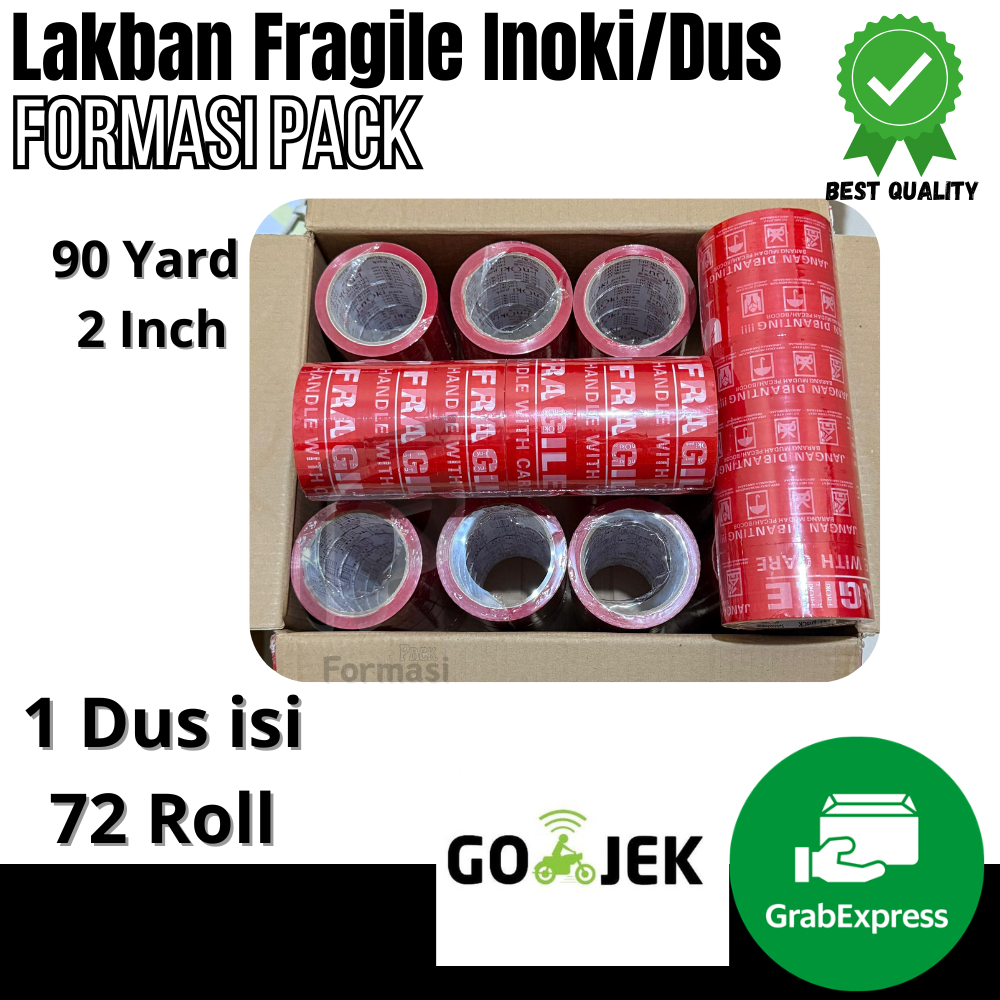 

LAKBAN FRAGILE MERAH 90 YARD X 2 INCH/48MM ( 1 Dus isi 72 Roll ) BAGUS JANGAN DIBANTING (Merek Inoki )