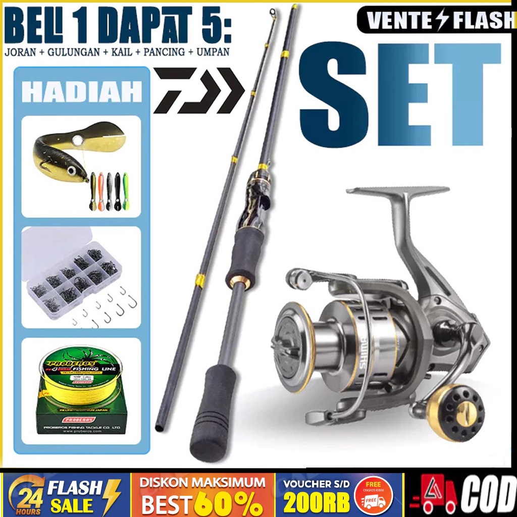 Set Joran Pancing DAIWA 1.8m 2.1m 2 Bagian Joran Lipat + Reel Pancing 13+1BB 5.2:1 Rasio Gear Set Le