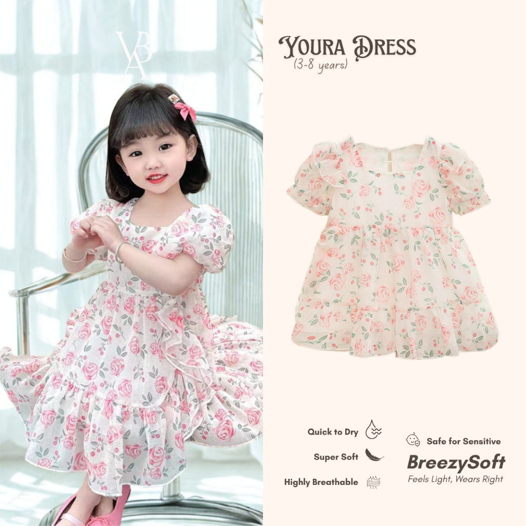 Venta Baby - Youra Dress Gaun Pesta Sifon Motif Bunga Ruffle Anak Perempuan 3-8 Tahun