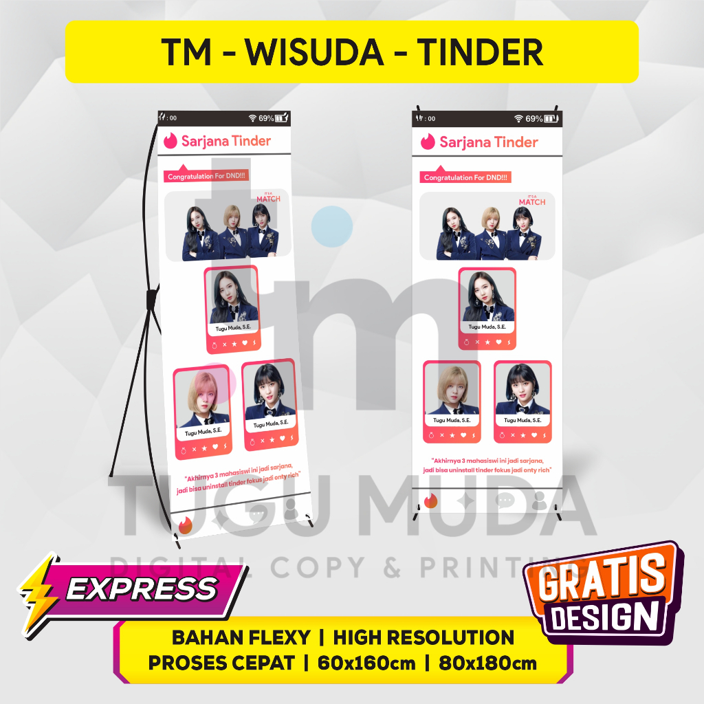 Cetak X-Banner Wisuda | X Banner Sidang Outdoor | Standing Banner Lulus 60x160cm - Gratis Design - M