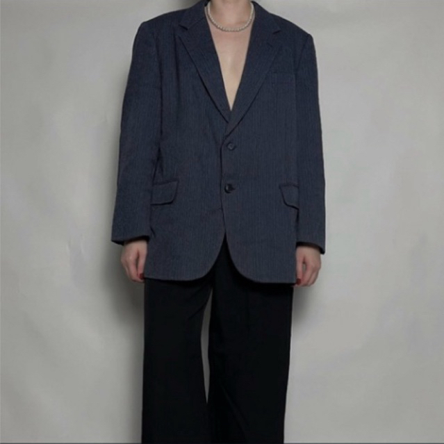 RE/CYCLED - Navy Striped Denim Blazer - Outer Jas Warna Biru Navy Denim Motif Salur