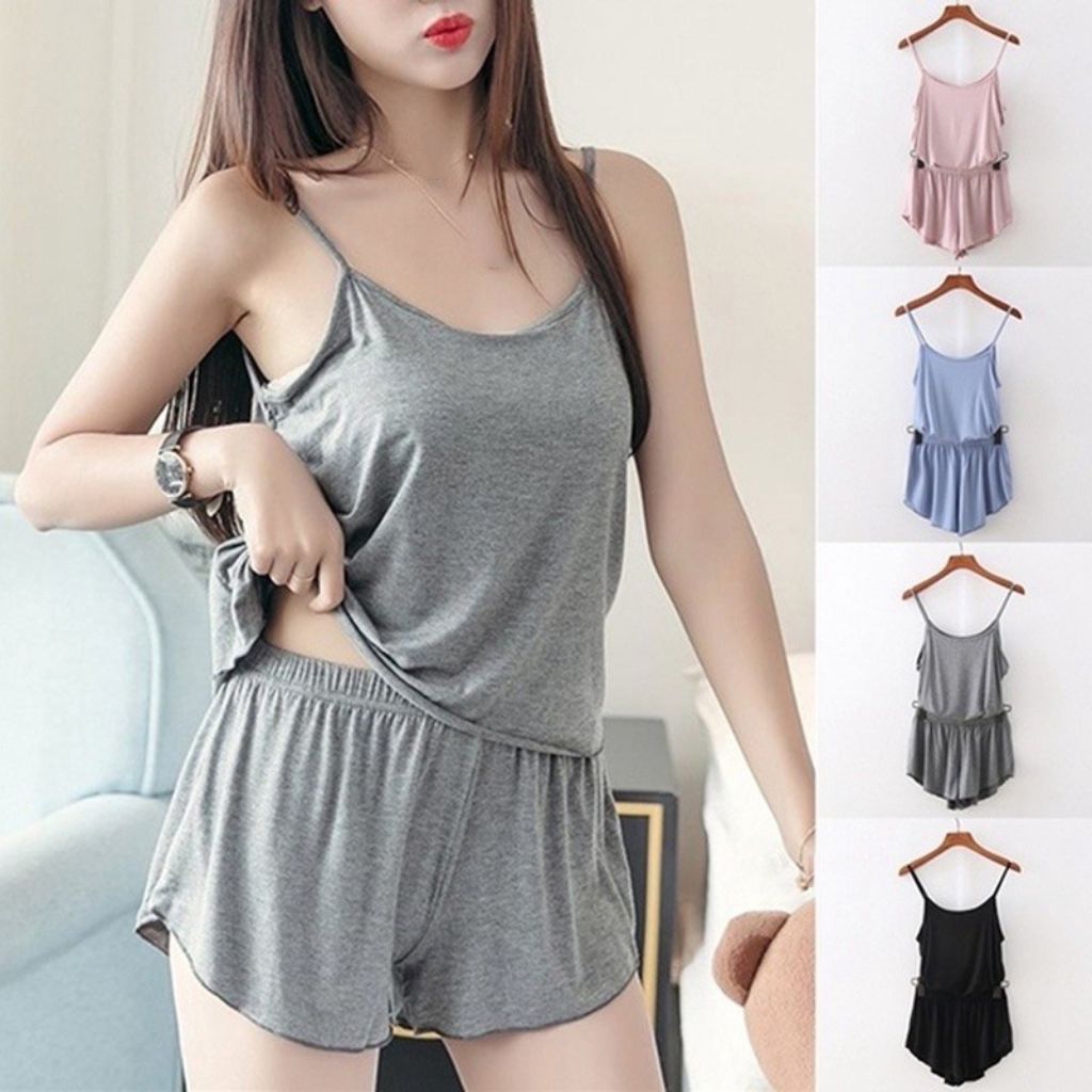 Setelan Tanktop/Setelan Piyama Wanita Model Tanktop + Celana Pendek Warna Polos