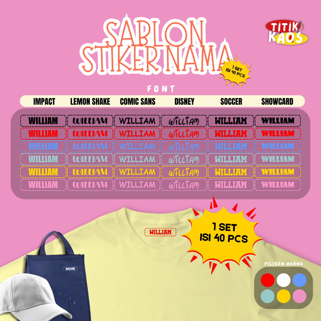 

Titik Kaos SABLON LABEL SETRIKA DENGAN GARIS TEPI TANPA BACKGROUND - 1 SET ISI 40PCS - Sablon Label Stiker Nama Lucu Viral SABLON LABEL NAMA CUSTOM UNTUK KAOS SERAGAM TOPI TOTEBAG SABLON STIKER KAIN VARIASI NAMA