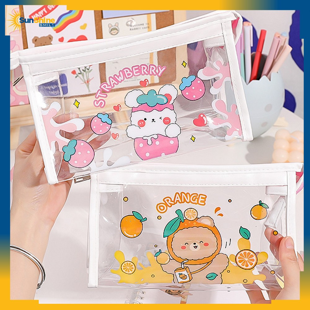 

EC Pouch Tempat Pensil Transparan Motif Kartun Multifungsi / Tas Pencil Case Anak Ala Korea Travel Serbaguna Sunshine Smile A60