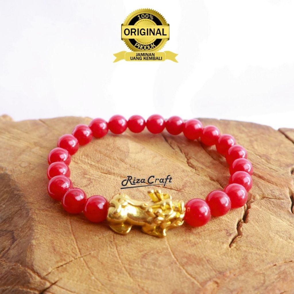 Gelang Pixiu Naga EMAS Batu Alam Kristal Agate Garnet Merah ASLI 0RIGINAL 100% Pria Wanita Aesthetic