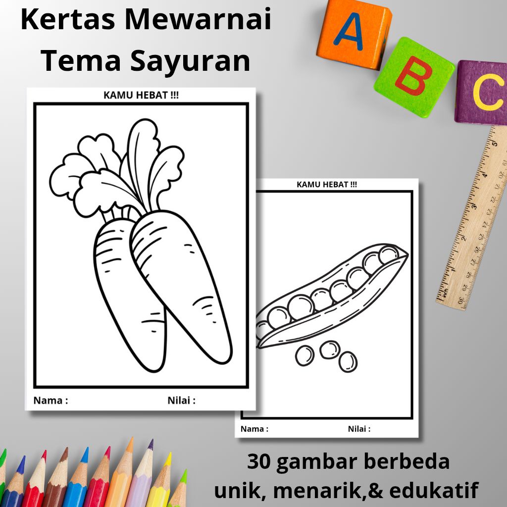 

Kertas Mewarnai Anak Tema Sayuran 30 Lembar Berbeda Ukuran A4 & A5 Terbaik