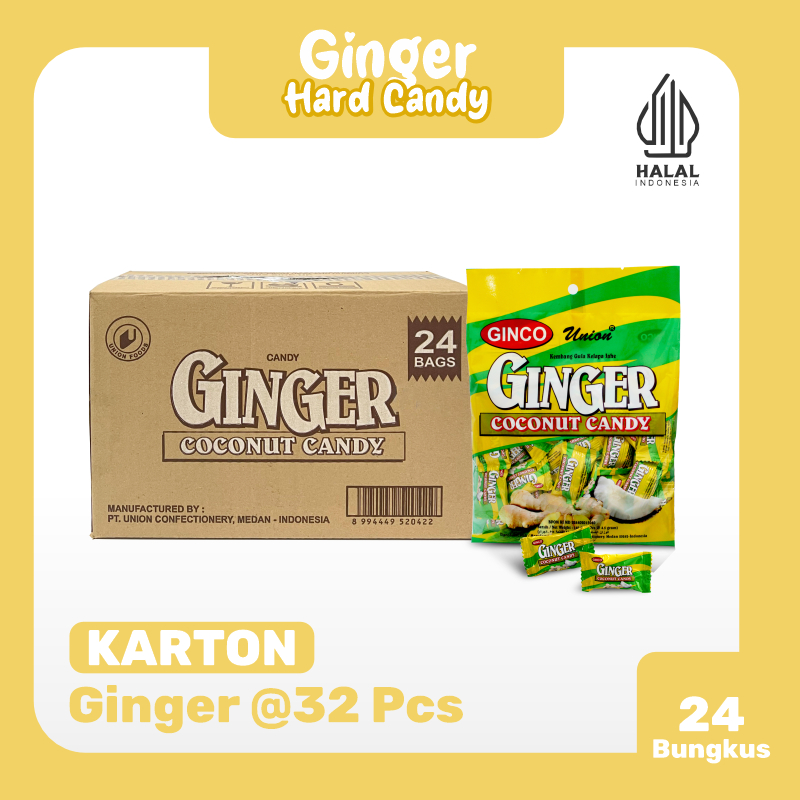

1 Karton Permen Kelapa Jahe Union Ginco - Ginger Coconut Candy | 1 KARTON isi 24 Bungkus (1 Bungkus @ 32 PCS )
