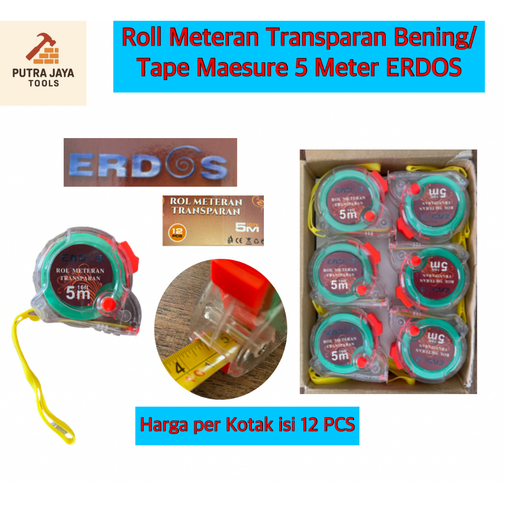 Roll Meter Transparan Bening / Tape Measure 5 Meter ERDOS HARGA 1 KOTAK ISI 12 PCS