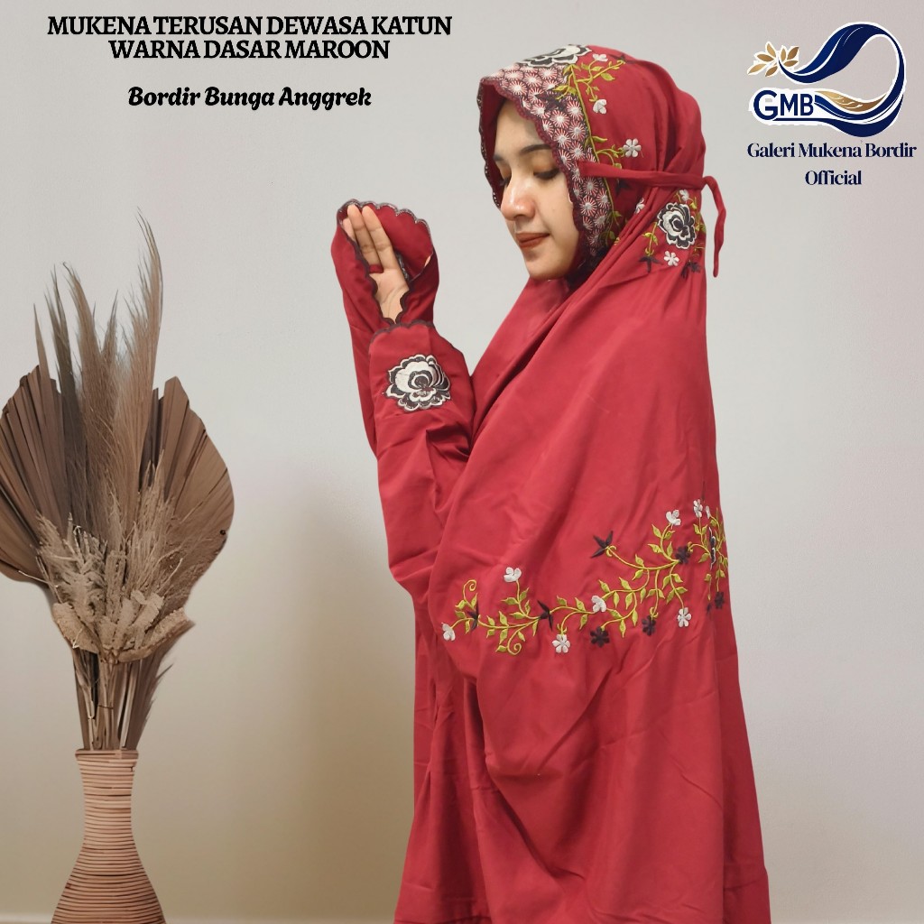 Mukena Terusan Dewasa Bahan Katun Polino Kain Dasar Warna Maroon Motif Bordir Bunga Anggrek