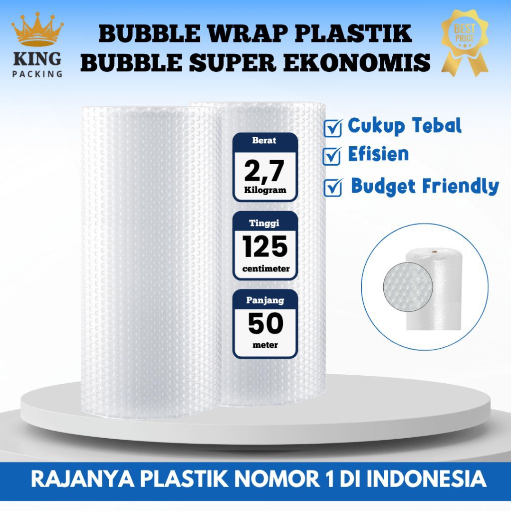 

Plastik Gelembung Bubble Wrap Super Ekonomis King Packing Roll 50m x 125cm Warna Bening & Hitam Merk King Packing