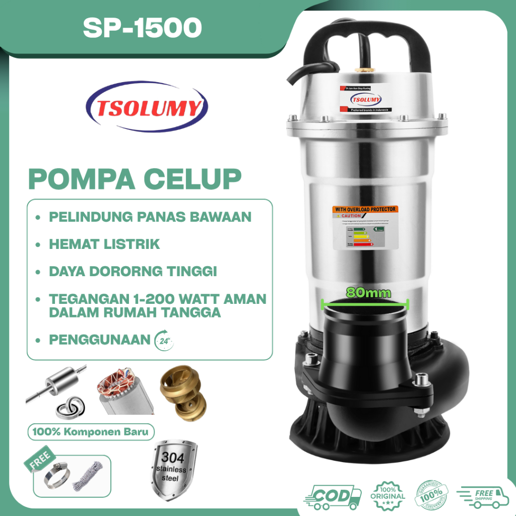 Tsolumy Pompa Celup SP-1500 Pompa Limbah Industri Pompa Kolam Ikan Pompa Celup