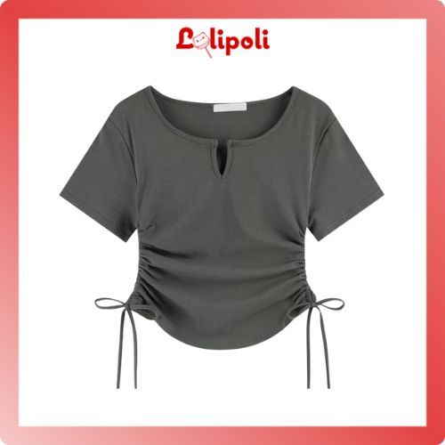 Lolipoli Baju Wanita Kaos Spandek Korea T-shirt Lengan Pendek Ramping Tali Serut V-Neck BJ1668