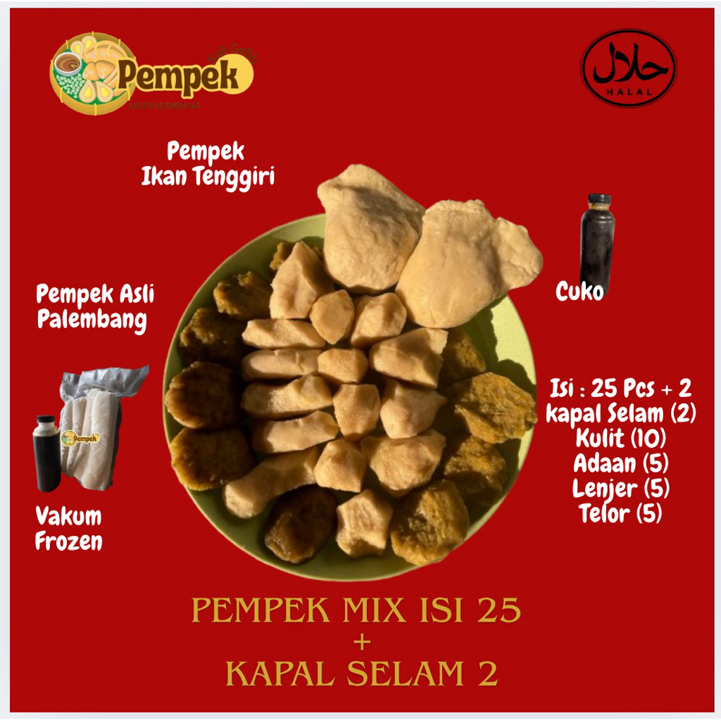

Pempek kak galih - Campur Kecil 25 Pcs + Kapal selam 2 Pcs + Cuko , Khas Palembang, 100% Ikan Tenggiri, Vakum Frozen