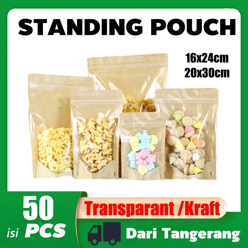 50PCS STANDING POUCH KRAFT FUll Window Plastik Klip Makanan Kemasan Snack Ziplock Food Grade Zipper 