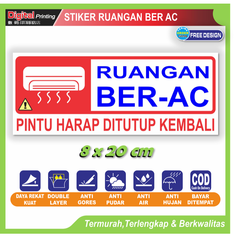 

Stiker tulisan ruangan ber AC pintu tutup kembali sticker jaga suhu dingin ruangan hemat listrik