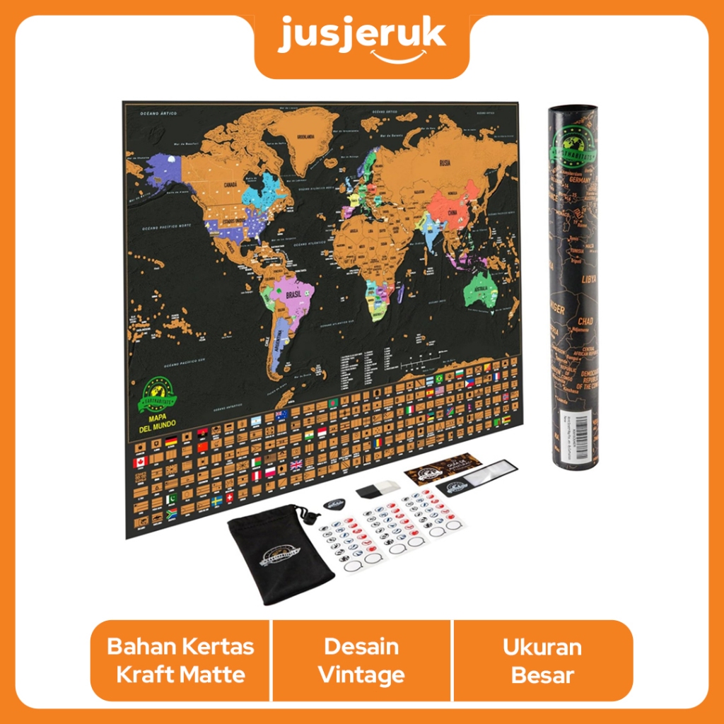 JFactory Poster Peta Dunia Vintage World Map Poster Scratch Map Peta Dunia Versi National Flag