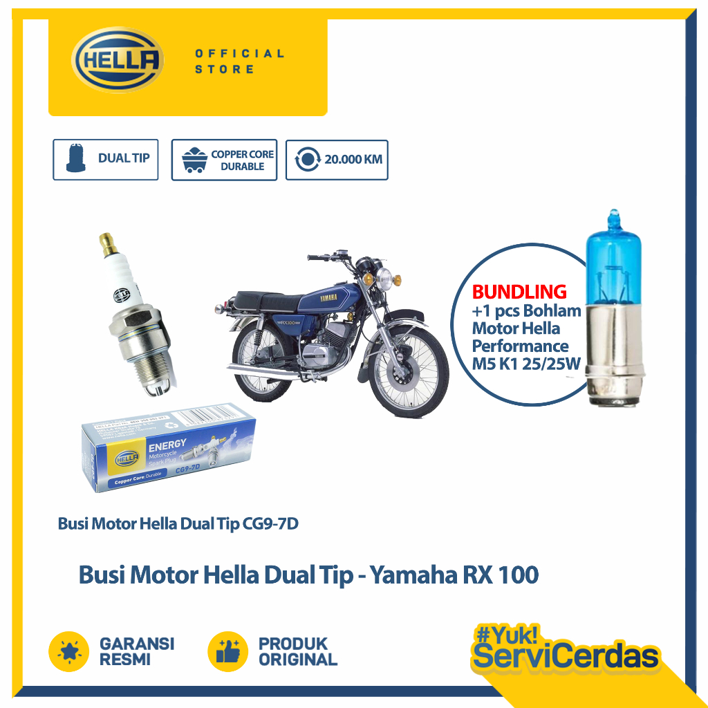 Busi Motor Yamaha RX100 Hella Dual Tip CG9-7D Bundling Bohlam Motor M5 12V 25/25W 4500K-1 - Lampu Mo
