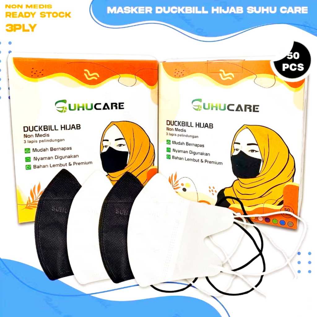 MASKER DUCKBILL HIJAB 50 PCS MASKER HIJAB DUCKBILL 3 PLY MASKER HEADLOOP HIJAB PUTIH HITAM EMBOSS