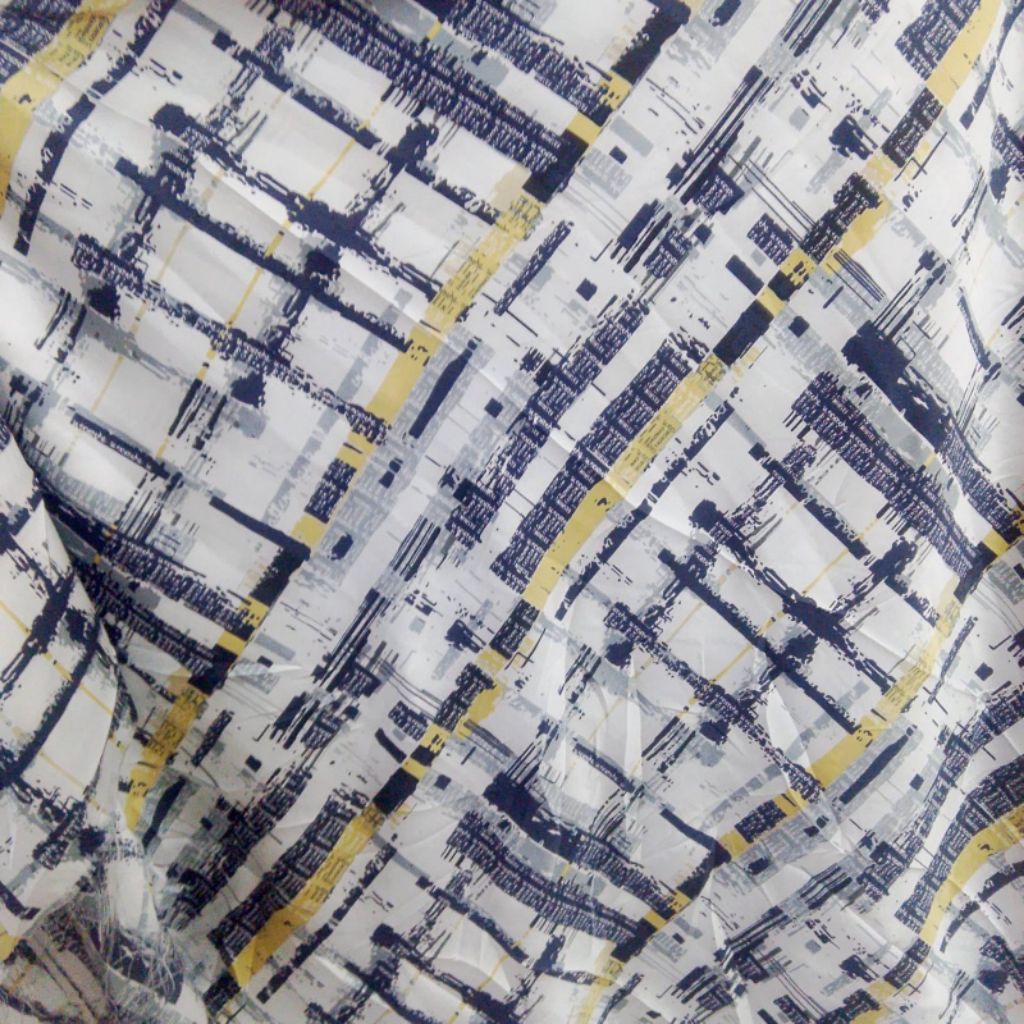 Kain Satin Motif Geometris Abstrak, Warna Navy & Kuning, Cocok untuk Pakaian dan Aksesoris (Harga Ka