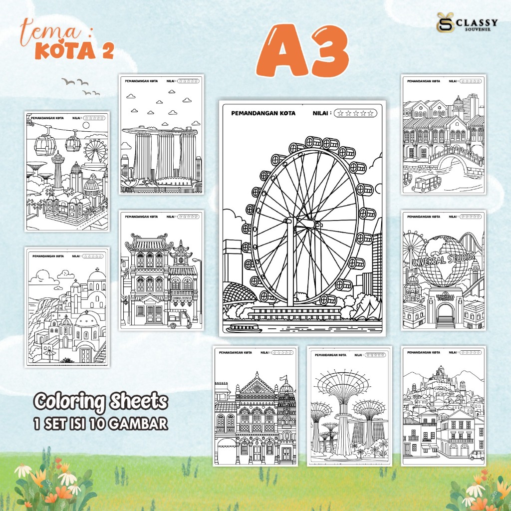 

LEMBAR GAMBAR MEWARNAI ANIMASI ANAK 1 SET ISI 10 GAMBAR - [TEMA KOTA 2] - COLORING SHEETS FOR KIDS A3