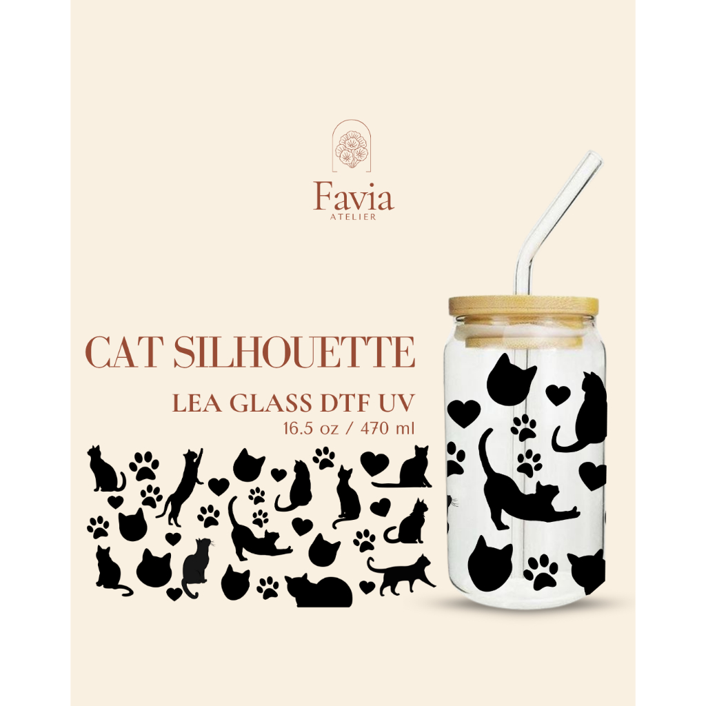 FAVIA - Cat Glass Gelas Kaca Motif Kucing Lucu 470ml Tutup Kayu | Gelas Minum Estetik Gaya Korea | G