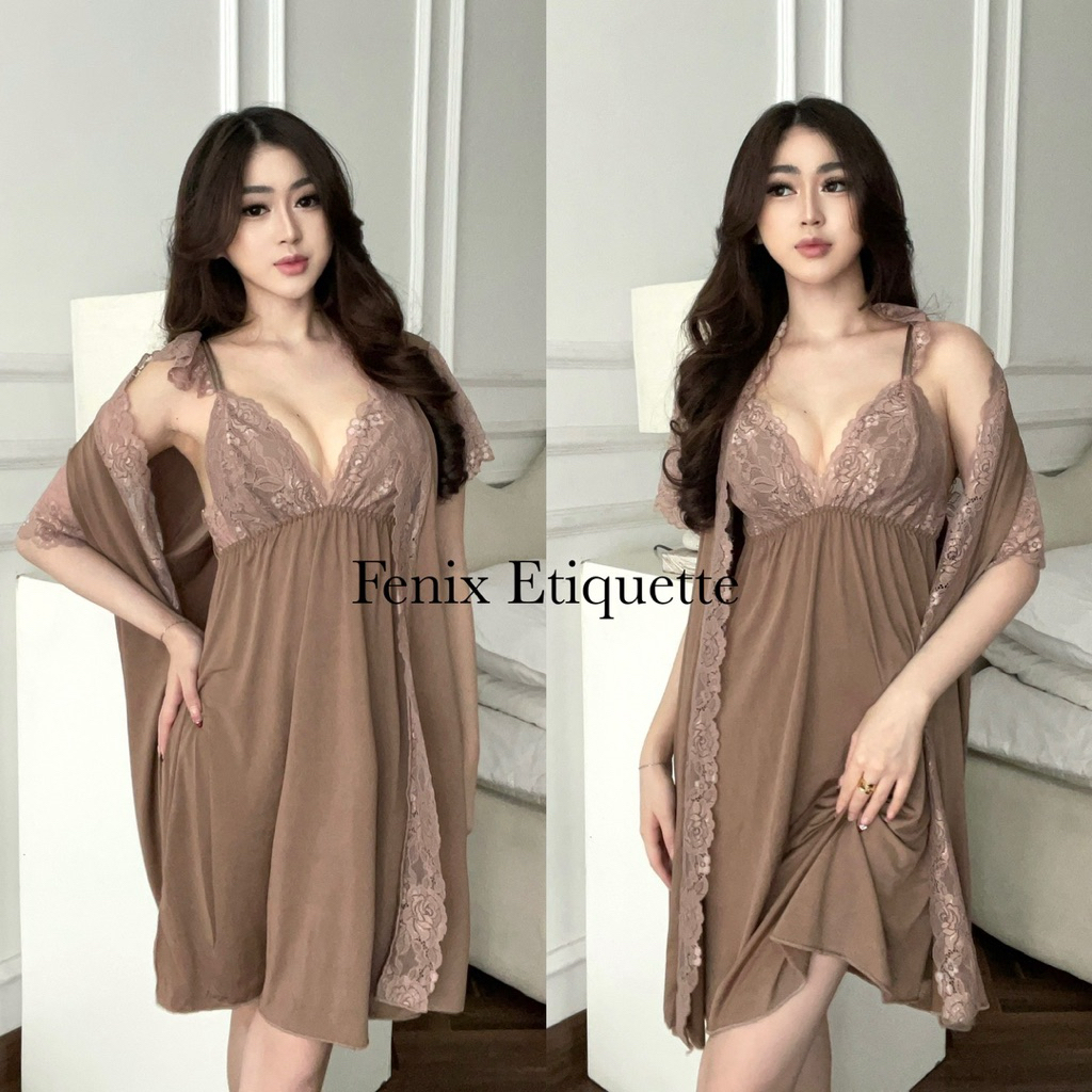 Alexaa Sleepwear Dress Kimono + Panties + Belt in Mocca Color F1171