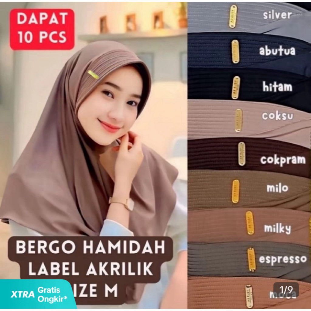( Jilbab 10 PCS 100rb ) Hijab bergo hamidah size M menutup dada label akrilik jilbab instan pet teba
