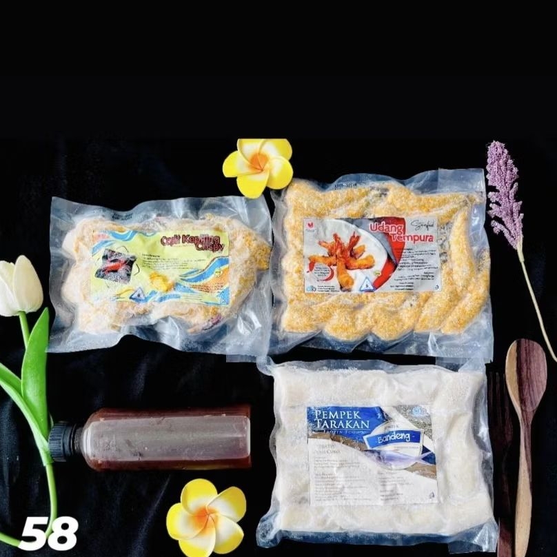 

Paket Hemat Dbaloy No. 58 | Capit kepiting crispy 1, Udang tempura 1, Pempek bandeng + kuah cuko 1.