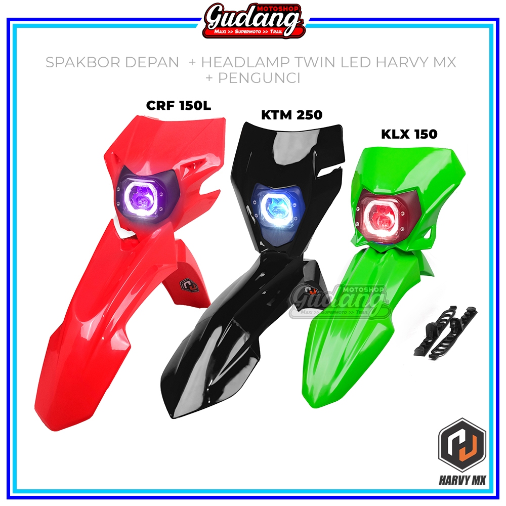 Spakbor Slebor Depan Plus Headlamp Batok Lampu Depan Twin LED Plus Pengunci HRV Supermoto KLX 150 CR
