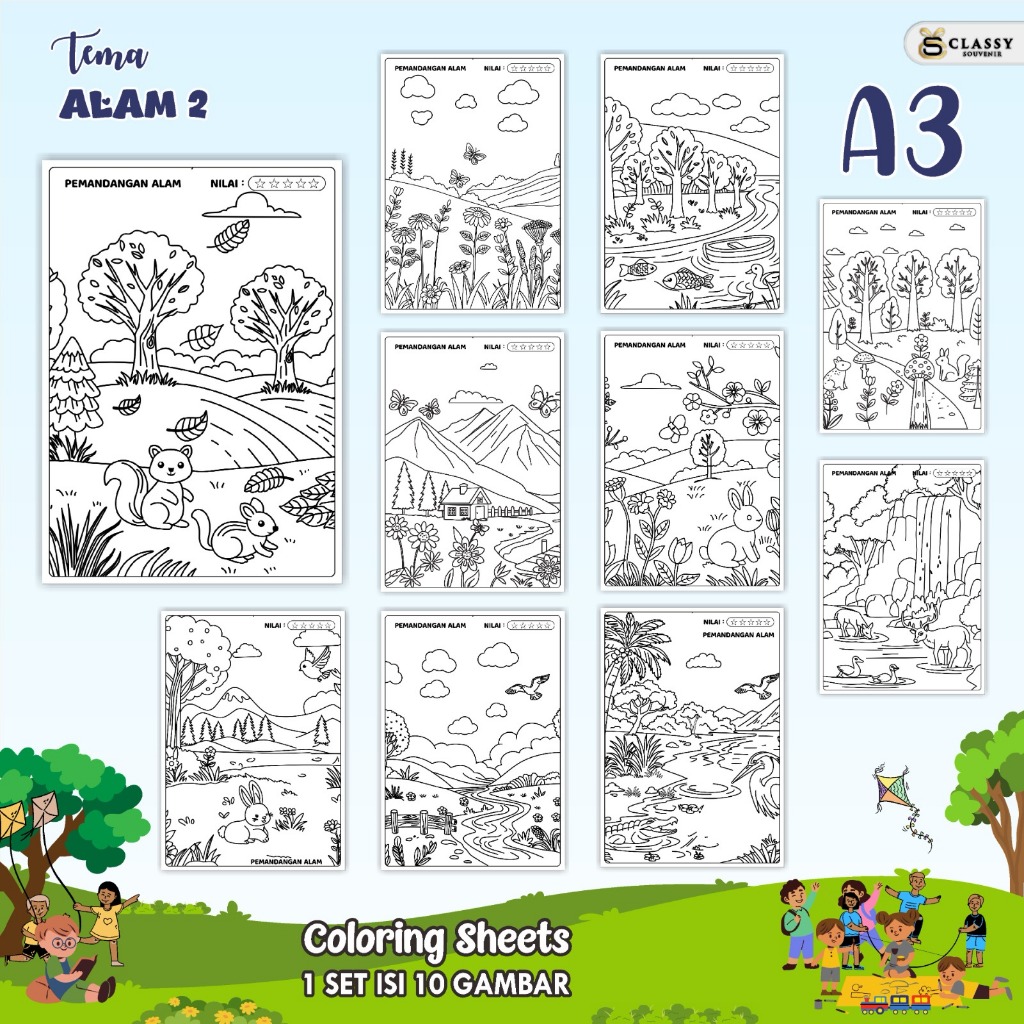 

LEMBAR GAMBAR MEWARNAI A3 BAGIAN TEMA ALAM - KERTAS MEWARNAI ANAK - COLORING SHEETS FOR KIDS