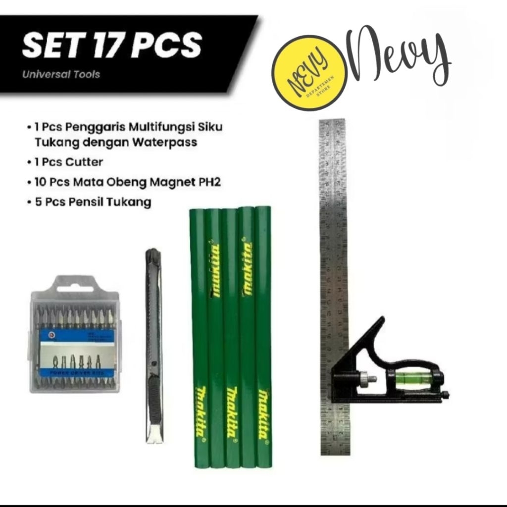 

Peket Set Penggaris Siku Tukang Multifungsi Stainless Steel dan Zinc Alloy dengan Waterpass, Pensil tukang, Mata obeng magnet dan Cutter stainless multifungsi
