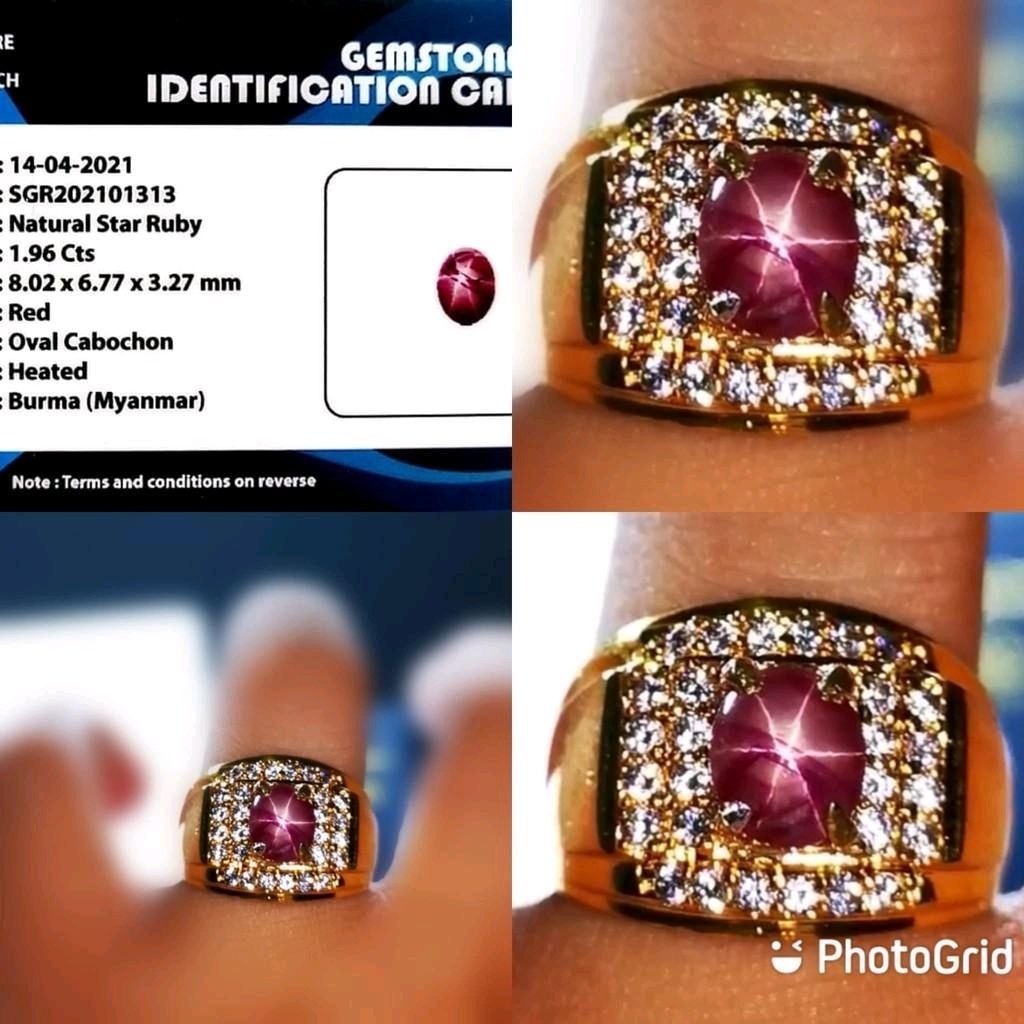 Cincin Permata Batu Natural Ruby Star Burma Asli Fatwa antik + Memo SGR Lab