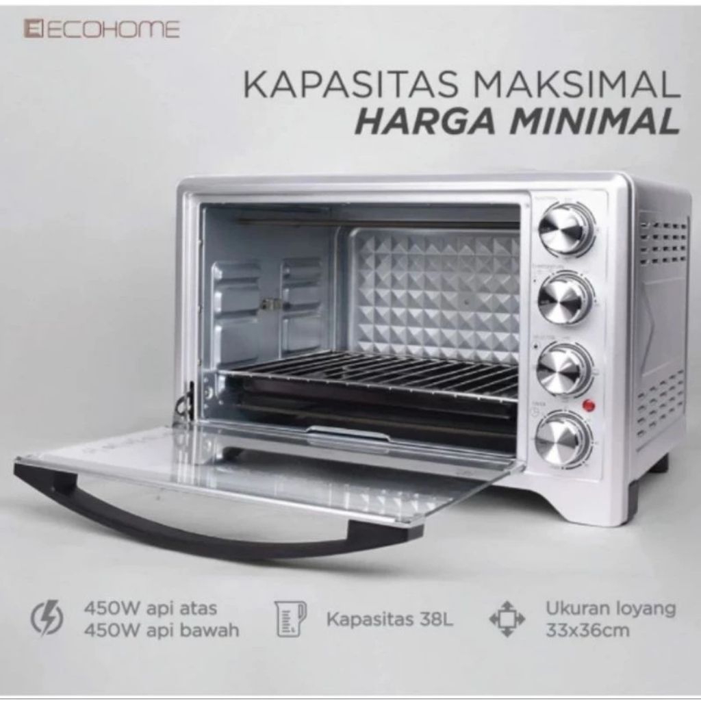 ECOHOME Electric Oven 38L Low Watt Jumbo FREE PACKING KAYU - Air Fryer Oven Platinum White Pearl