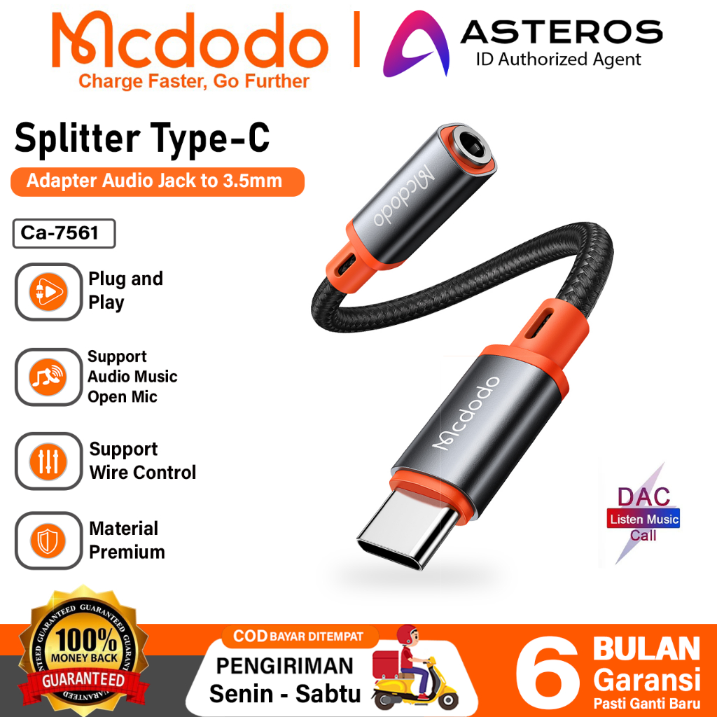 MCDODO Converter Splitter Type C Ke Jack 3.5mm Untuk Samsung iPad Xiaomi Oppo Realme Vivo