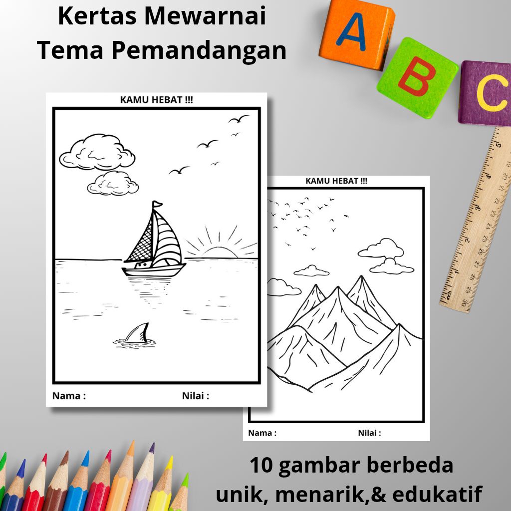 

Kertas Mewarnai Anak Tema Pemandangan 10 Lembar Berbeda, Ukuran A4 & A5 Terbaik