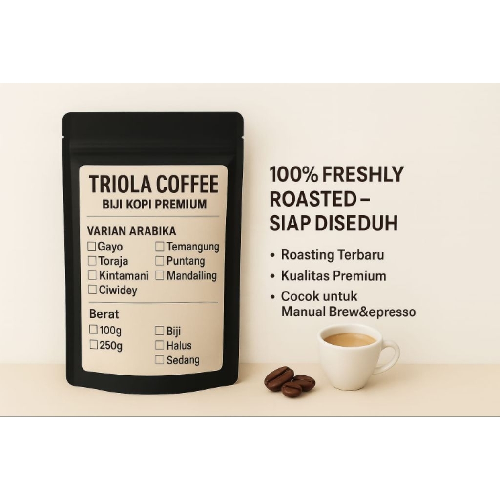 

Kopi Arabika All Variant Medium Roast 100% Original - Gayo,Mandailing, Kintamani,Ciwidey,Toraja,Temanggung,Puntang 100 Gr/250g