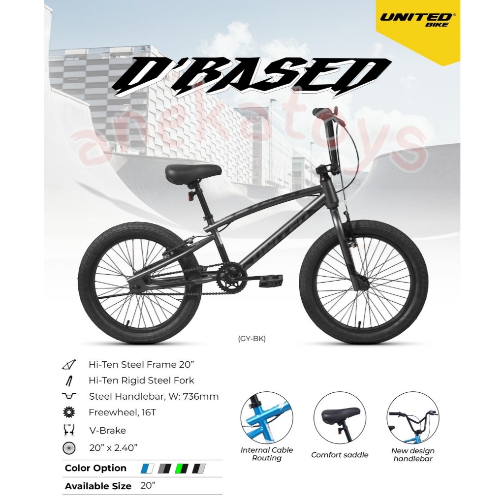 Sepeda BMX Anak United D'based 20x2.40 Inch V-Brake Hi-Ten Steel Frame Internal Cable Routing