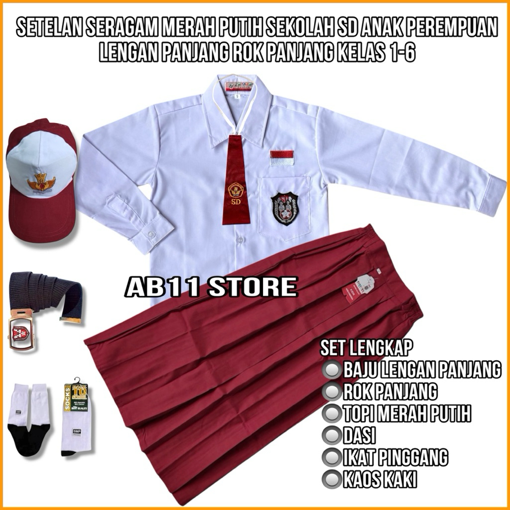 setelan seragam merah putih sekolah SD anak perempuan baju putih lengan panjang rok merah panjang ke