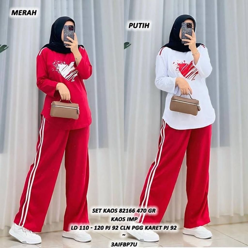 ASD 82166 SET KAOS MERAH PUTIH WANITA / READY / REALPICT