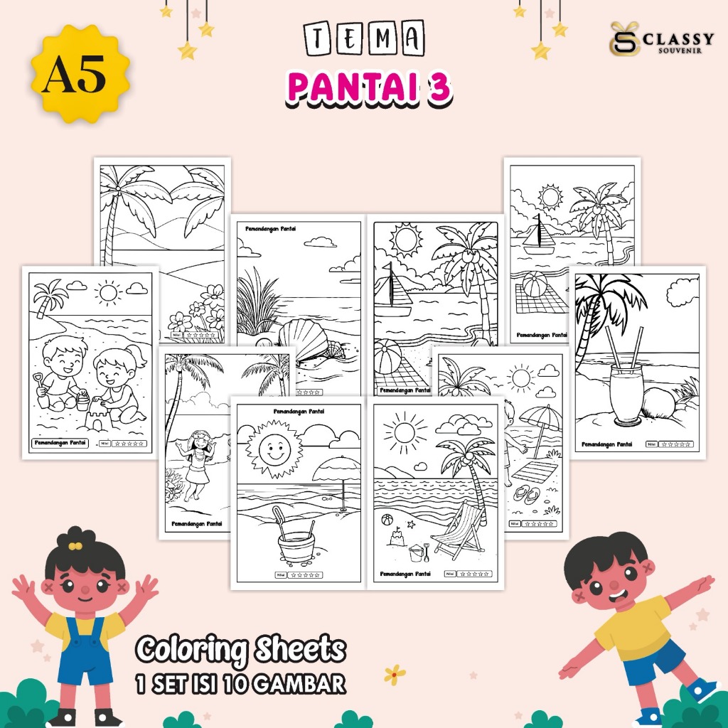 

LEMBAR GAMBAR MEWARNAI A5 BAGIAN TEMA PANTAI - KERTAS MEWARNAI ANAK - COLORING SHEETS FOR KIDS