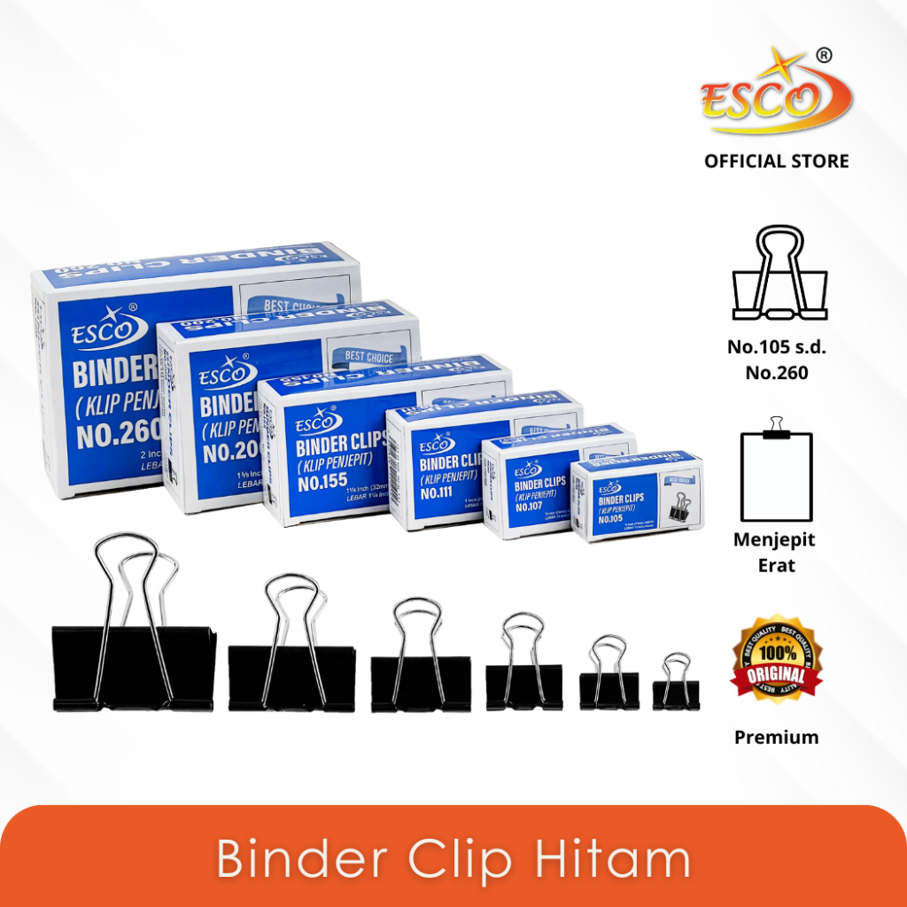 

Esco Binder Clip Hitam - Penjepit Kertas 12 Pcs No.105 ~ No.260 (BCN)