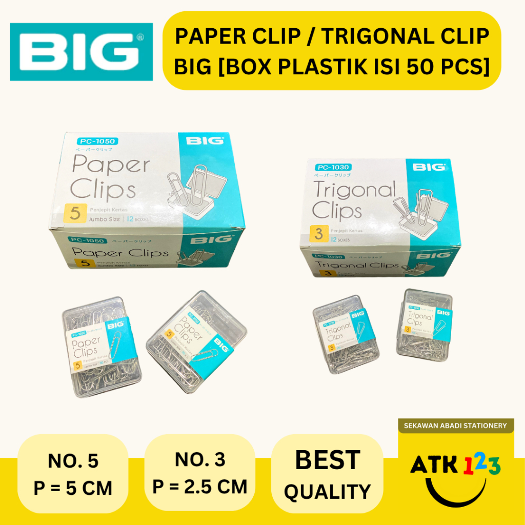 

BIG Paper Clip Merk BIG / Penjepit Kertas PC-1030 No. 3 / PC-1050 No. 5 [BOX PLASTIK - ISI 50 PCS PASTI PAS]