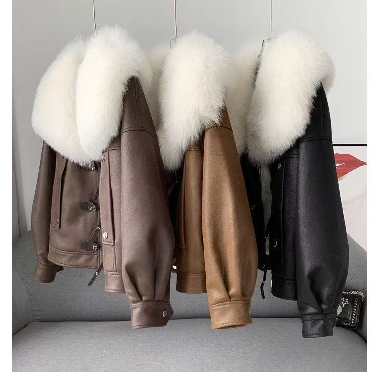 Jaket suede bulu rubah asli gaya baru READY INDONESIA 2025 jaket bulu angsa putih pendek wanita, lap