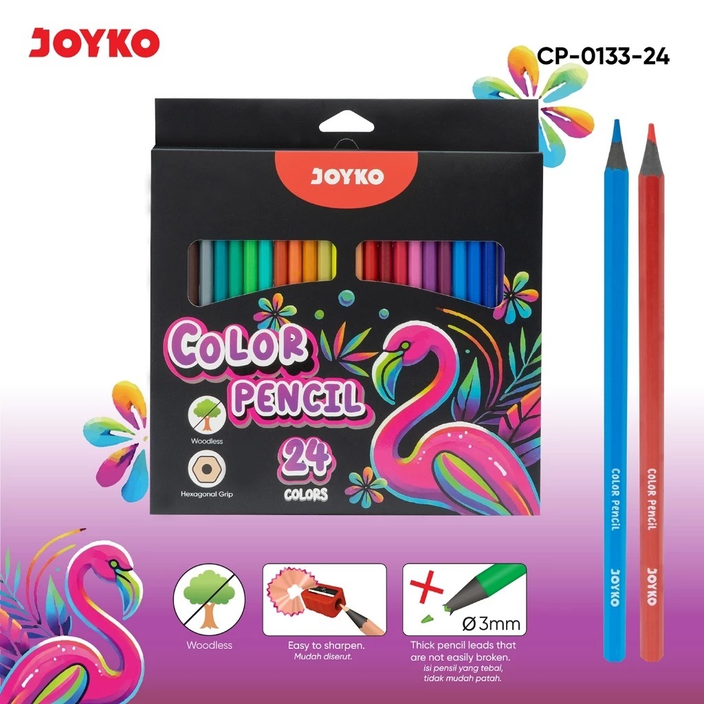 

PENSIL WARNA TANPA KAYU JOYKO CP-0133-24 JOYKO WOODLESS COLOR PENCILS 24 WARNA TERMURAH (1 SET)