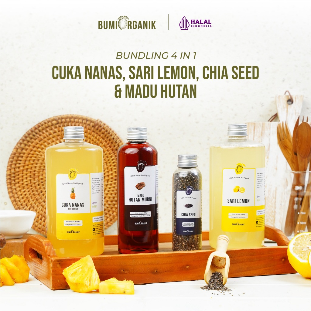 PAKET DIET DETOX DAN IMUN 4 IN 1 BUMI ORGANIK / SARI LEMON, CUKA NANAS, CHIA SEED DAN MADU HUTAN / M